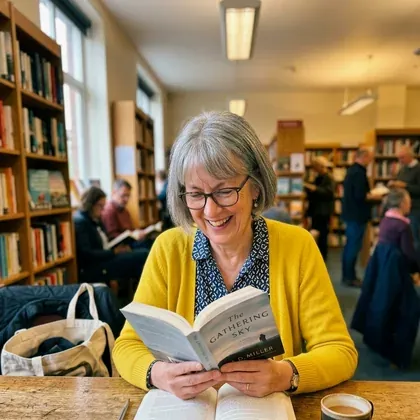 A woman reading in a bookstore
